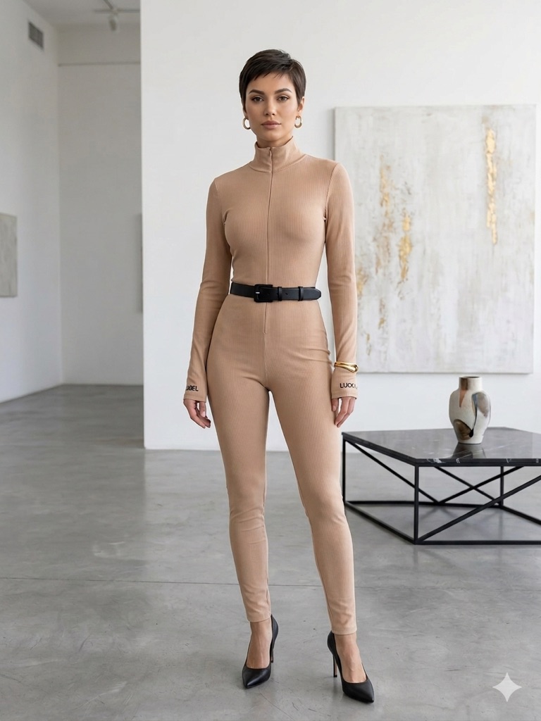 Lucky Label Tan Ribbed Mock Neck Jumpsuit - Versatile Streetwear Chic